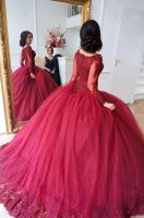 Modest Muslim Sheer Scoop Long Sleeves Wine Red Quinceanera Ball Gown Lace Hemline